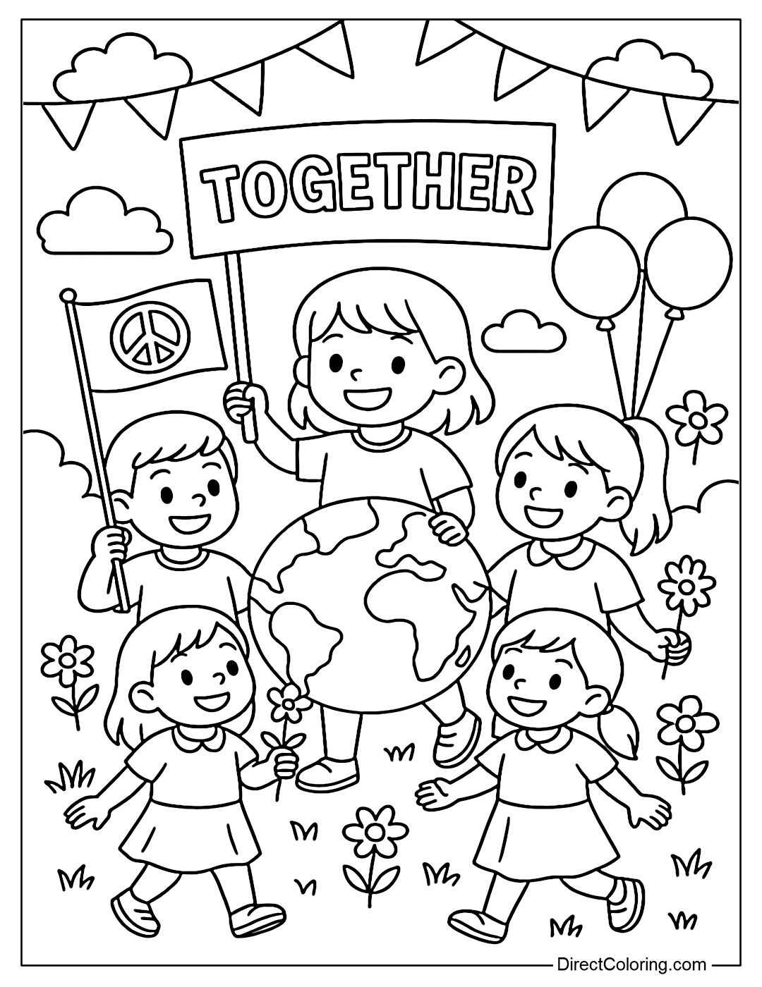 A coloring page of a small parade with children holding peace flags, flowers, balloons and a 
